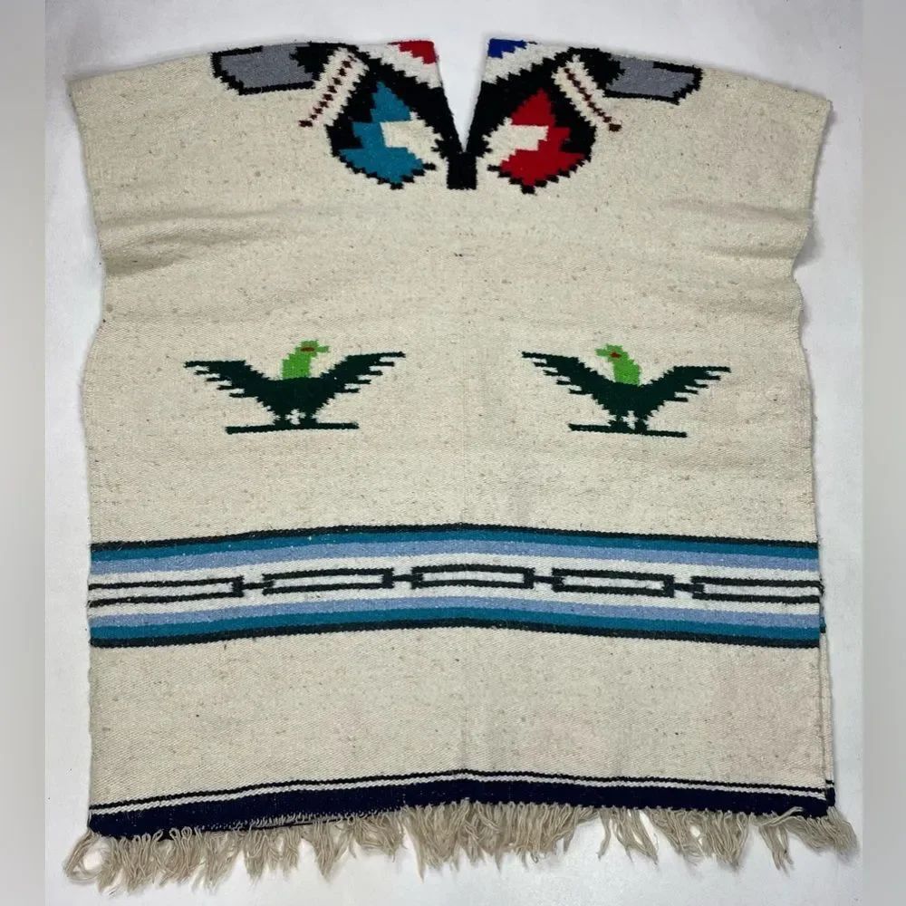 VINTAGE Southwestern Bird Blanket Poncho Heavy One Size